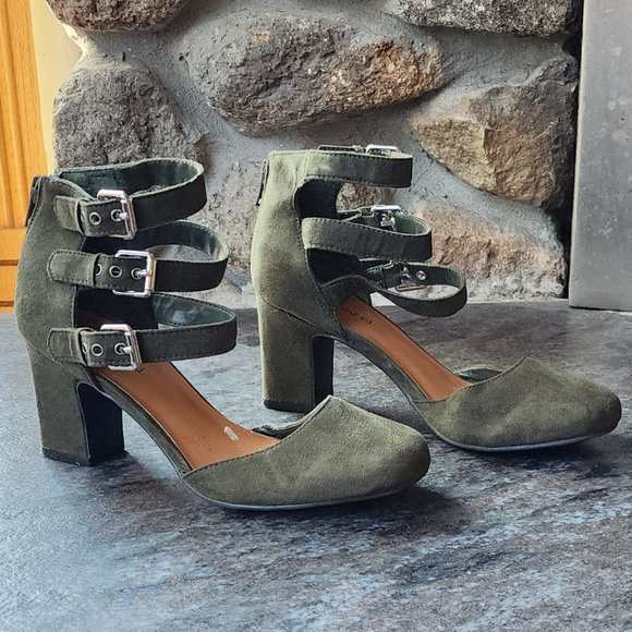 Indigo RD. Green Faux Suede Back Zip Buckle Ankle Three Strap Block Heels 5.5M - Picture 6 of 16